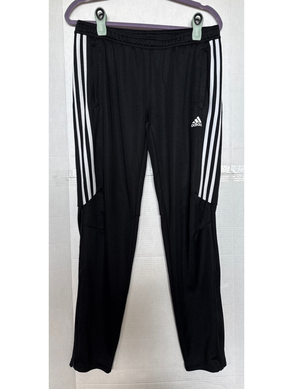 Adidas Black Track Pants with White Stripes and Zippered Ankles, Size L